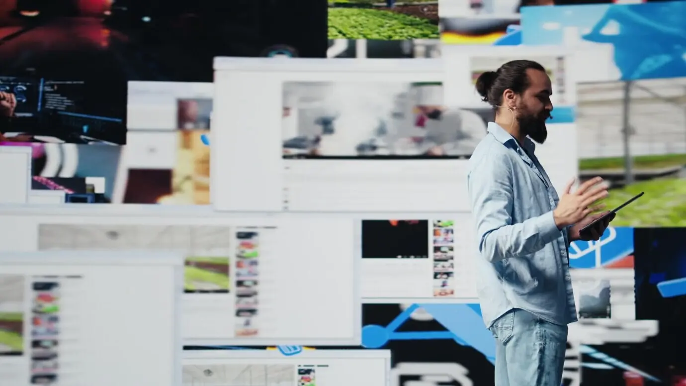 Mit einem Freisprechmikrofon moderiert ein männlicher Trendsetter eine Live-Präsentation, die Einblicke bietet für